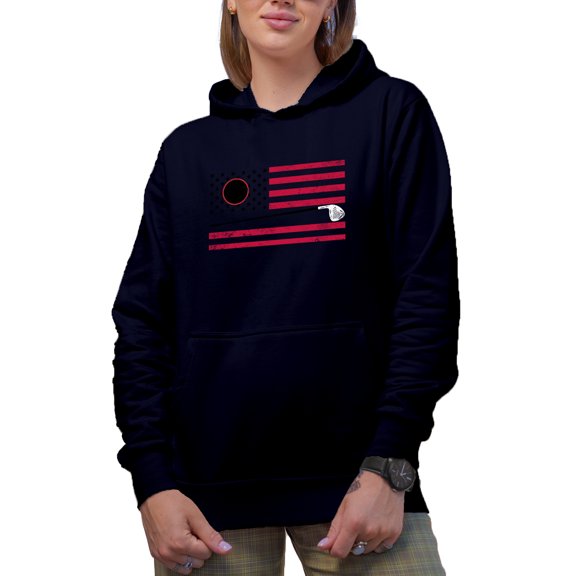 Distressed USA Flag with a Ball & Club, Golf Player, Golfing or Golfer Themed Merch Gift, Navy Blue Hooded Sweatshirt or Hoodie, Medium