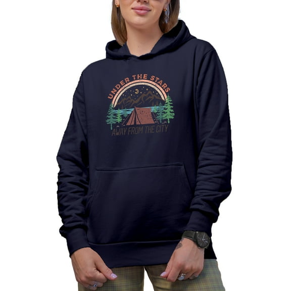 Distressed Under the Stars, Away from the City, Camping Art, Navy Blue Hooded Sweatshirt or Hoodie, 3XL