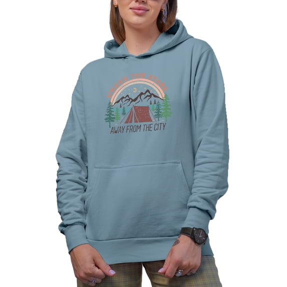Under the Stars, Away from the City with Camping Tent Art Merch Gift, Light Blue Hooded Sweatshirt or Hoodie, 3XL
