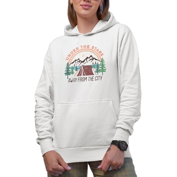 Distressed Under the Stars, Away from the City - Camping Tent Art Merch Gift, White Hooded Sweatshirt or Hoodie, XL