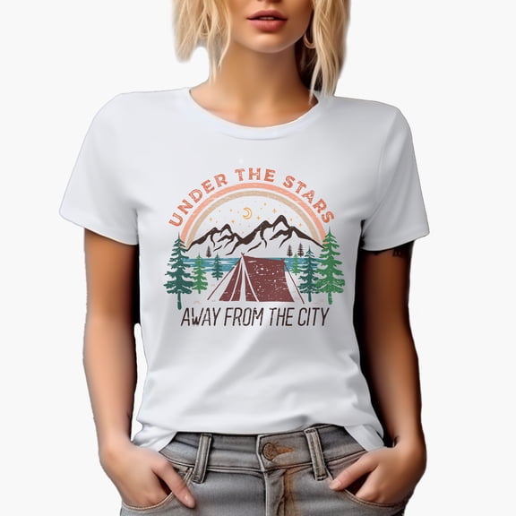 Distressed Under the Stars, Away from the City - Camping Tent Art Merch Gift, White T-Shirt, XL