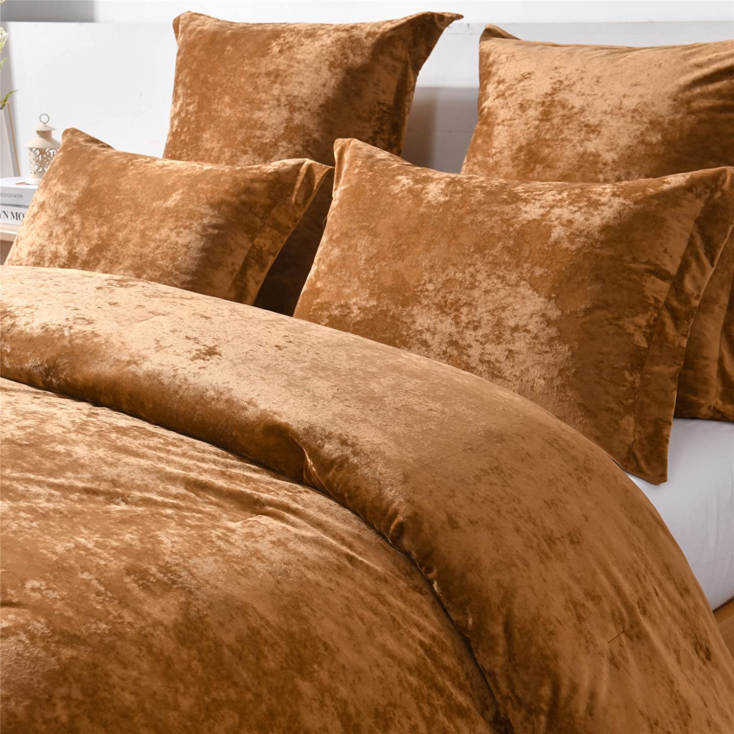 Distressed Velvet Comforter Set, 5 Pieces Gold Caramel King, Distressed Velvet Face and Brushed