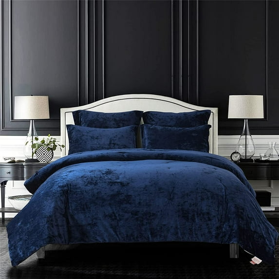 Distressed Velvet Comforter Set, Distressed Velvet Face and Brushed Solid Microfiber Reverse, with Light Weight Soft Poly Fill, 5 Pieces Navy, Queen