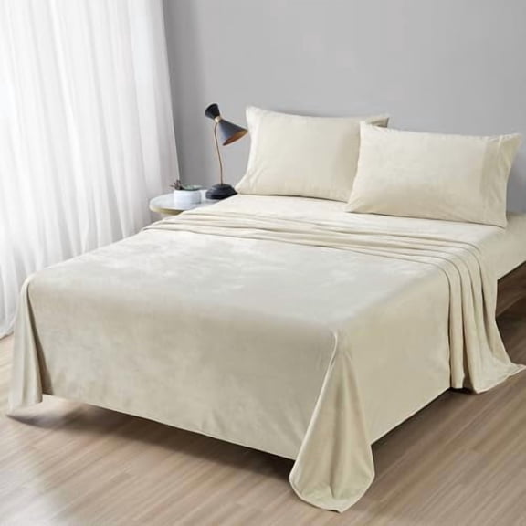 Distressed Velvet Sheet Set, 4 Pieces Beige King, Ultra Soft, Warm