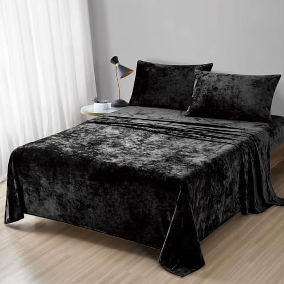 Distressed Velvet Sheet Set, 4 Pieces Black King, Ultra Soft, Warm