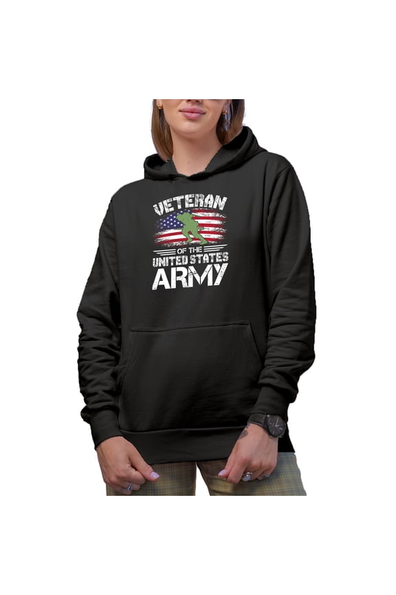 Distressed Veteran of the United States Army feat. US Flag & Soldier, Veterans Day, Black Hooded Sweatshirt or Hoodie, Medium
