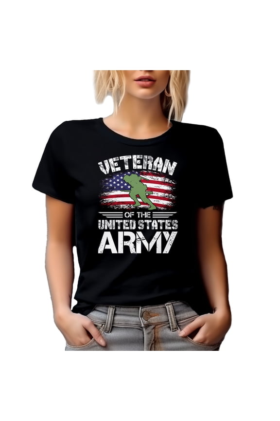 Distressed Veteran of the United States Army feat. US Flag & Soldier, Veterans Day, Black T-Shirt, Medium