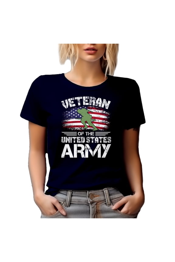 Distressed Veteran of the United States Army feat. US Flag & Soldier, Veterans Day, Navy Blue T-Shirt, Large