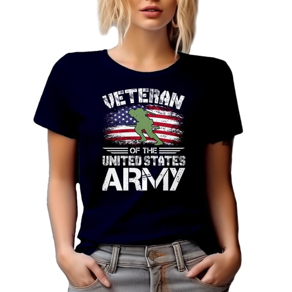 Distressed Veteran of the United States Army feat. US Flag & Soldier, Veterans Day, Navy Blue T-Shirt, Small