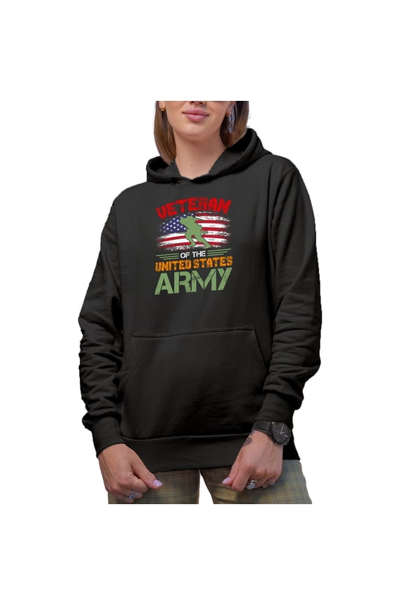 Distressed Veteran of the United States Army feat. a Soldier & US Flag, Veterans Day, Black Hooded Sweatshirt or Hoodie, XL