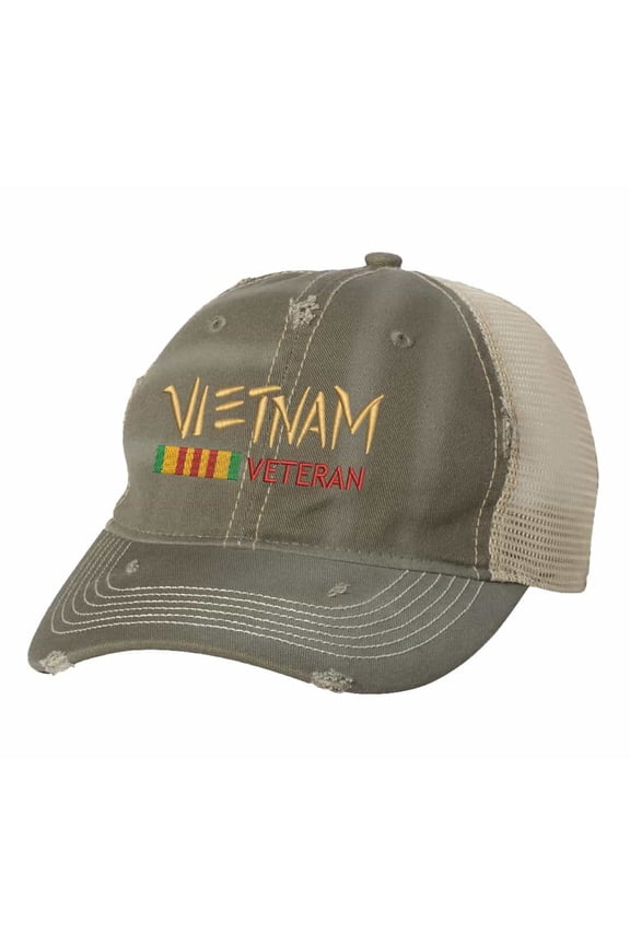 Vietnam War Hat - Distressed Military Trucker Cap - Vintage Veteran Strapback (Olive)