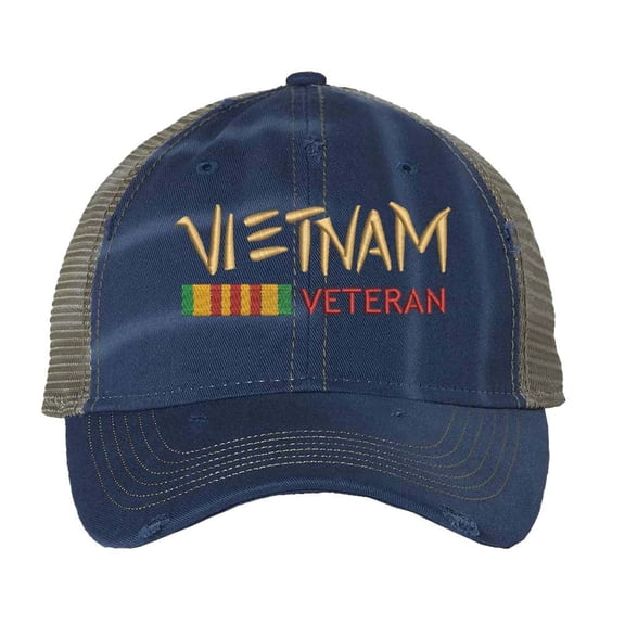 Vietnam War Hat - Distressed Military Trucker Cap - Vintage Veteran Strapback (RoyalBlue)
