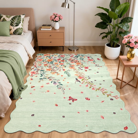 Distressed Vintage Floral Area Rugs 10x13 - Washable Low Pile Faux Wool Rug, Non Slip Scalloped Carpet for Living Room, Bedroom