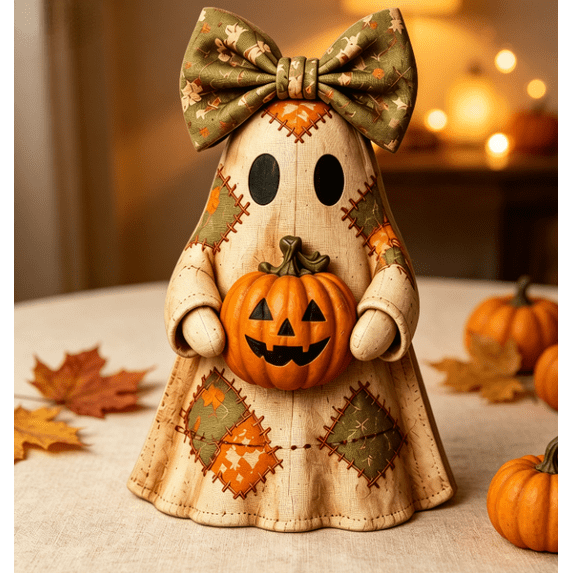 Distressed Vintage Ghost Table Decor Patchwork Pattern Ghost Figure with Large Bow Pumpkin Accent Rustic Autumn Home Ornament for Halloween Desk Mantel Display (A)