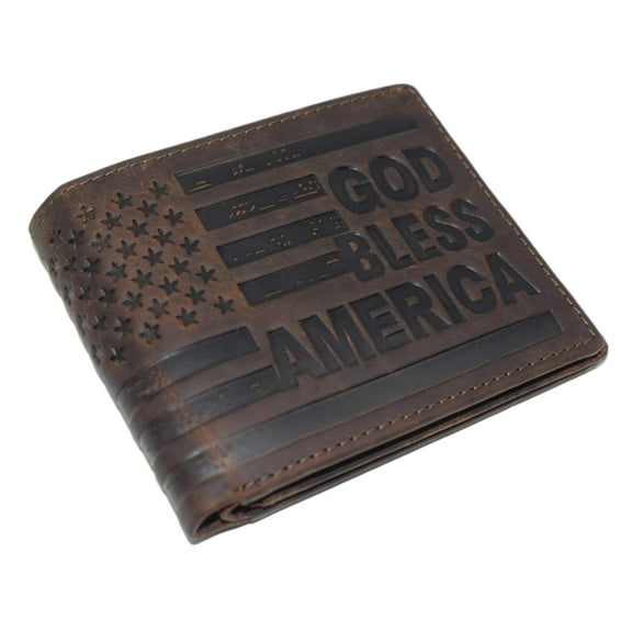 Distressed Vintage Leather Patriot American Flag Wallet -GOD BLESS AMERICA RFID Blocking Leather US Flag Men's Bifold Western Style Wallet Brown