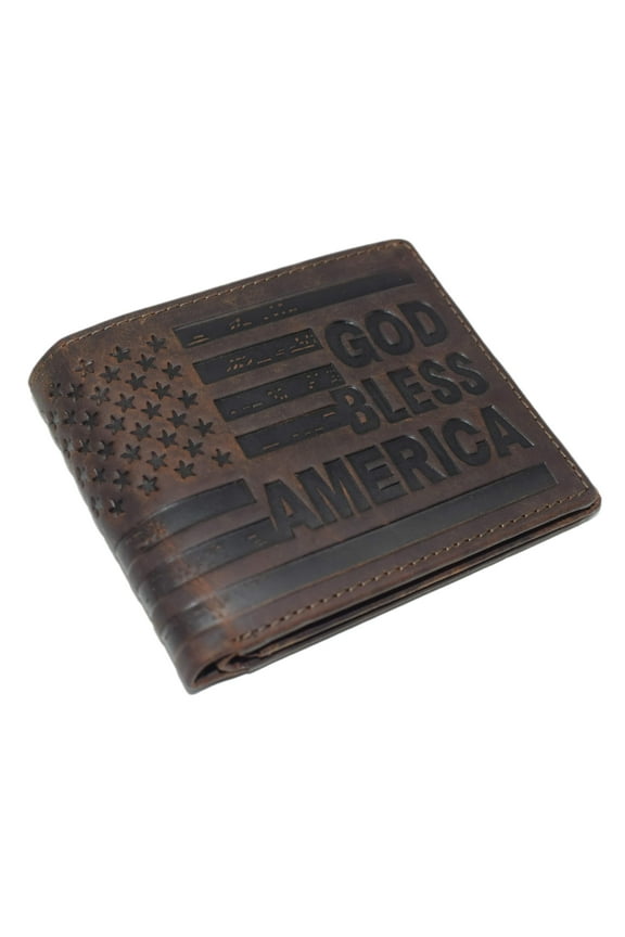 Distressed Vintage Leather Patriot American Flag Wallet -GOD BLESS AMERICA RFID Blocking Leather US Flag Men's Bifold Western Style Wallet Brown