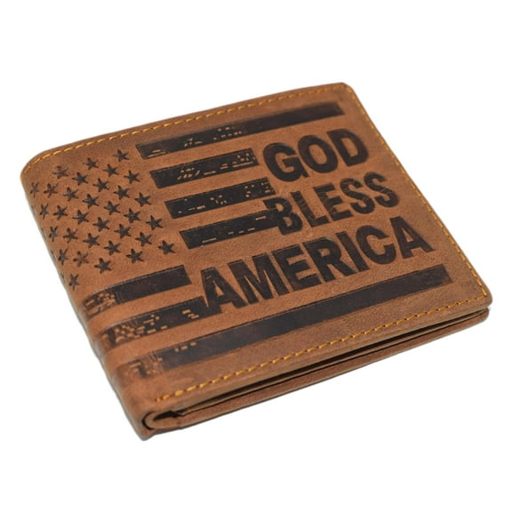 Distressed Vintage Leather Patriot American Flag Wallet -GOD BLESS AMERICA RFID Blocking Leather US Flag Men's Bifold Western Style Wallet Tan