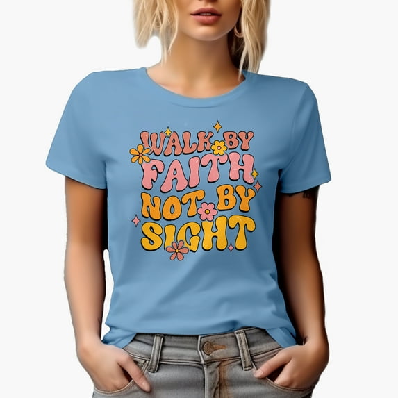 Distressed Walk by Faith Not by Sight - Retro Wavy Text Art Merch Gift, Baby Blue T-Shirt, 3XL