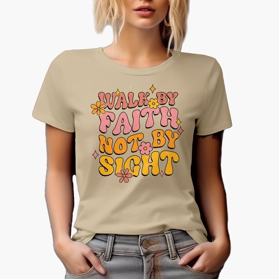 Distressed Walk by Faith Not by Sight - Retro Wavy Text Art Merch Gift, Tan T-Shirt, XL