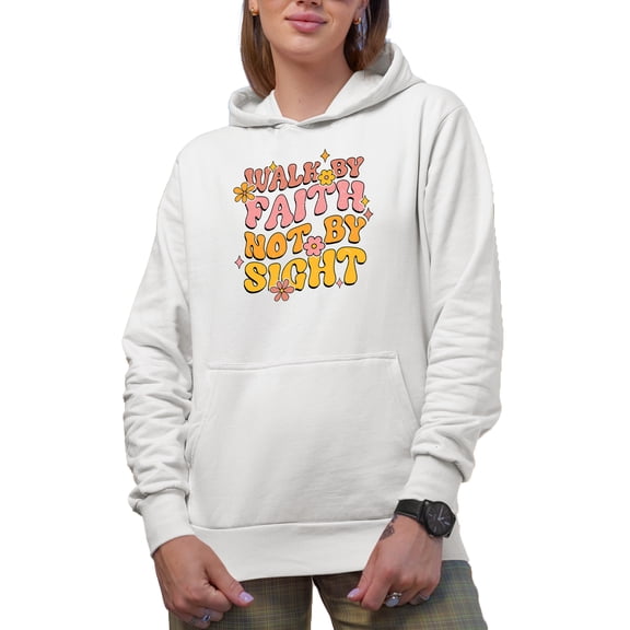 Distressed Walk by Faith Not by Sight - Retro Wavy Text Art Merch Gift, White Hooded Sweatshirt or Hoodie, Small