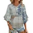 thumbnail image 1 of Distressed Wall Brick Blue Design Women's V-Neck Blouse With 3/4 Ruffled Bell Sleeves Casual Top Ladies Blouses, 1 of 7
