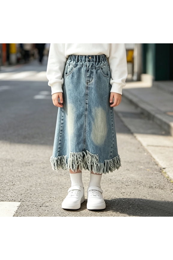 Distressed Washed Denim Kids Midi Skirt Raw Tassel Fringe Hem Elastic High Waist Loose A Line Girls Jean Bottoms for Street Style Sightseeing Spring Autumn Casual Outfits Blue 120