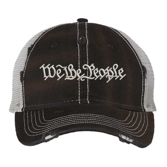 Distressed Patriotic Hat - Vintage Constitution Cap with We The People | Weathered Trucker Hat (Black)