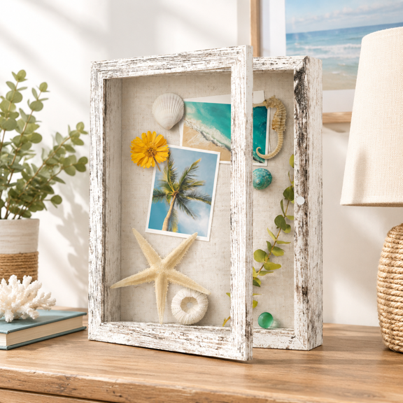 Distressed White 8 in x 10 in Wooden Shadow Box Frame Wall Mount Display Case