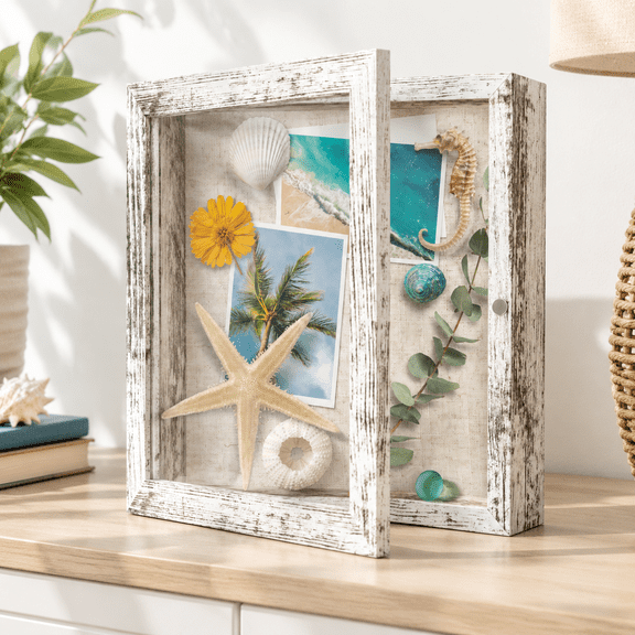 Distressed White 8 in x 8 in Wooden Shadow Box Frame Wall Mount Display Case