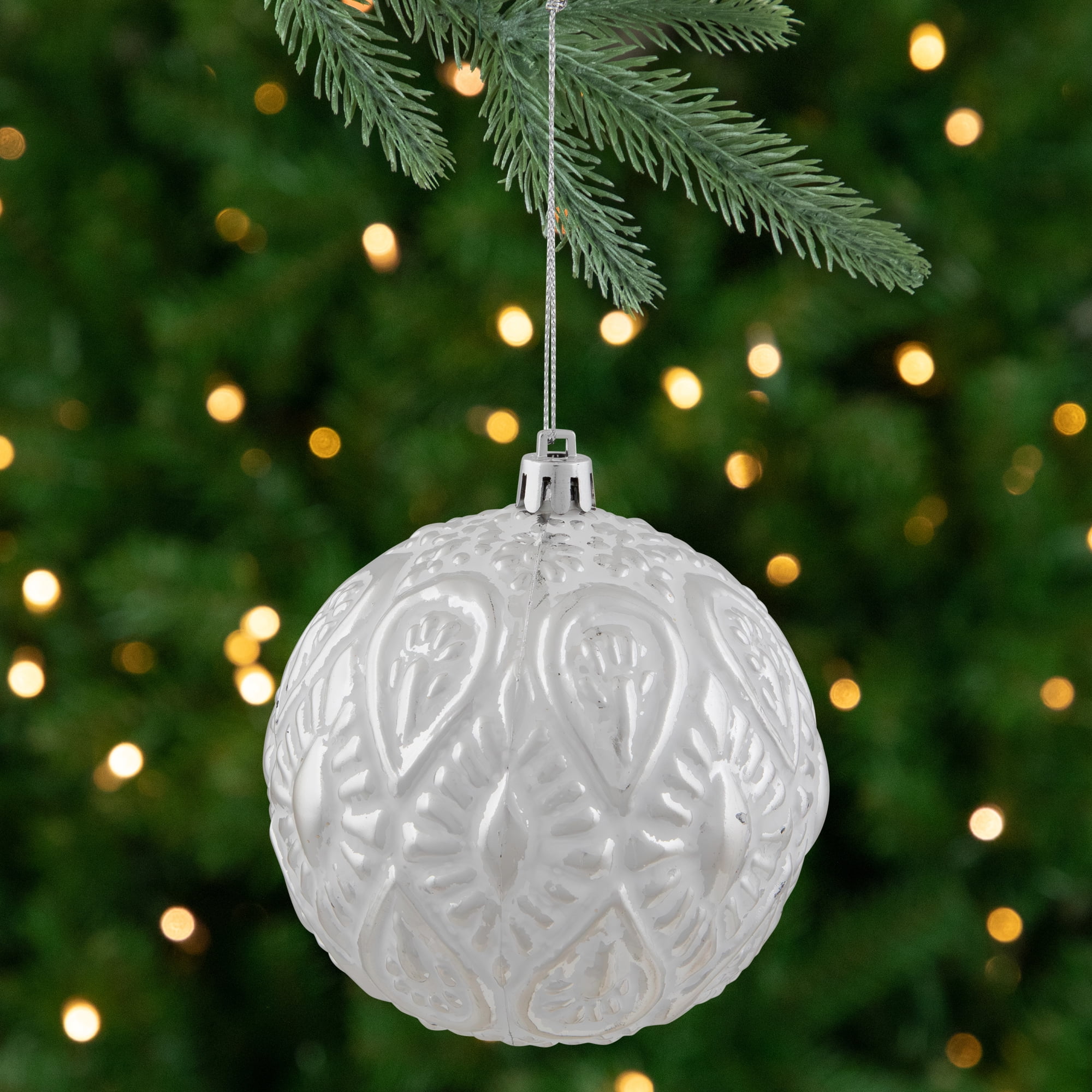 Distressed White Ball with Silver Beveled Design Christmas Ornament 4" (100mm)