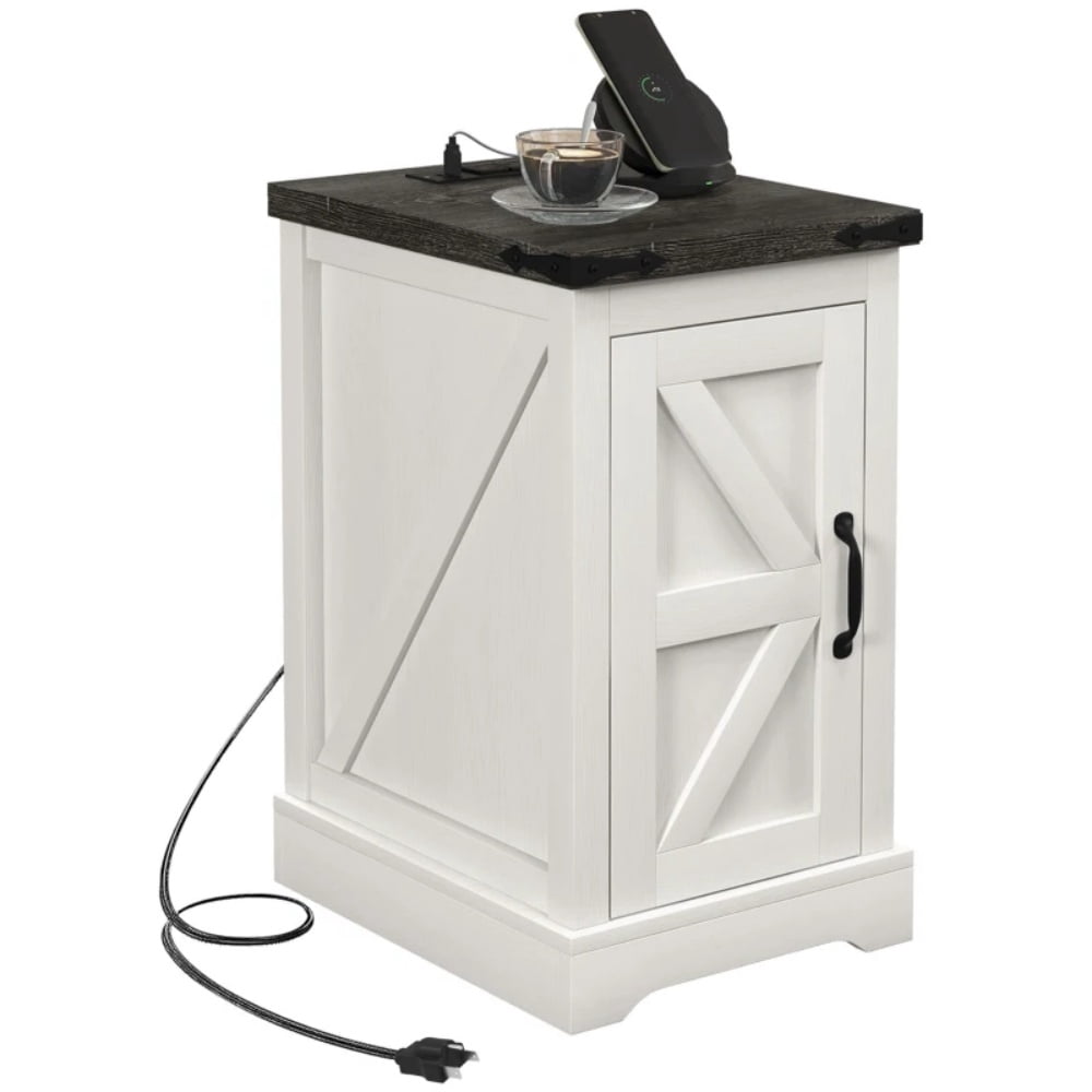 Distressed White Farmhouse End Table with AC Outlets & USB Ports, 2-Tier Storage Cabinet with Barn Door, Anti-Tipping Rustic Side Table for Living Room Bedroom