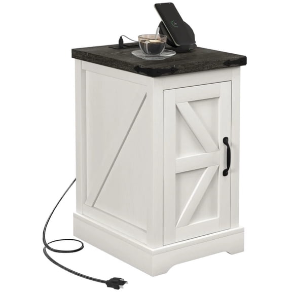 Distressed White Farmhouse End Table with AC Outlets & USB Ports, 2-Tier Storage Cabinet with Barn Door, Anti-Tipping Rustic Side Table for Living Room Bedroom