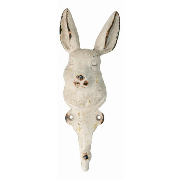 Distressed White Finish Cast Iron Whimsical Bunny Rabbit Wall Coat Hat Hook