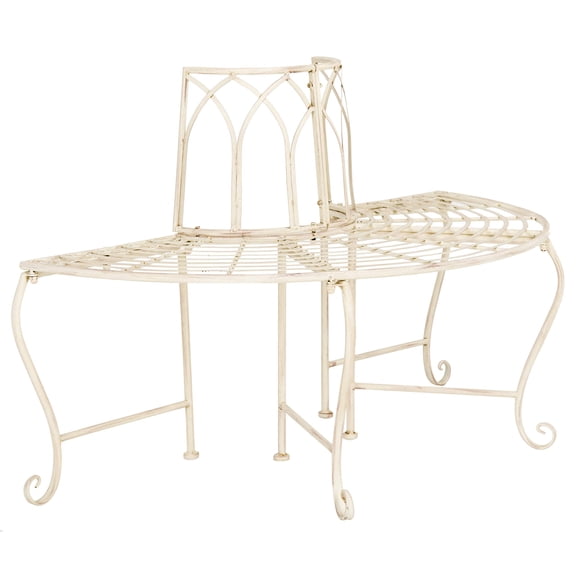 Distressed White Iron Tree Bench With Gothic Scrollwork - 50x23.5 Outdoor