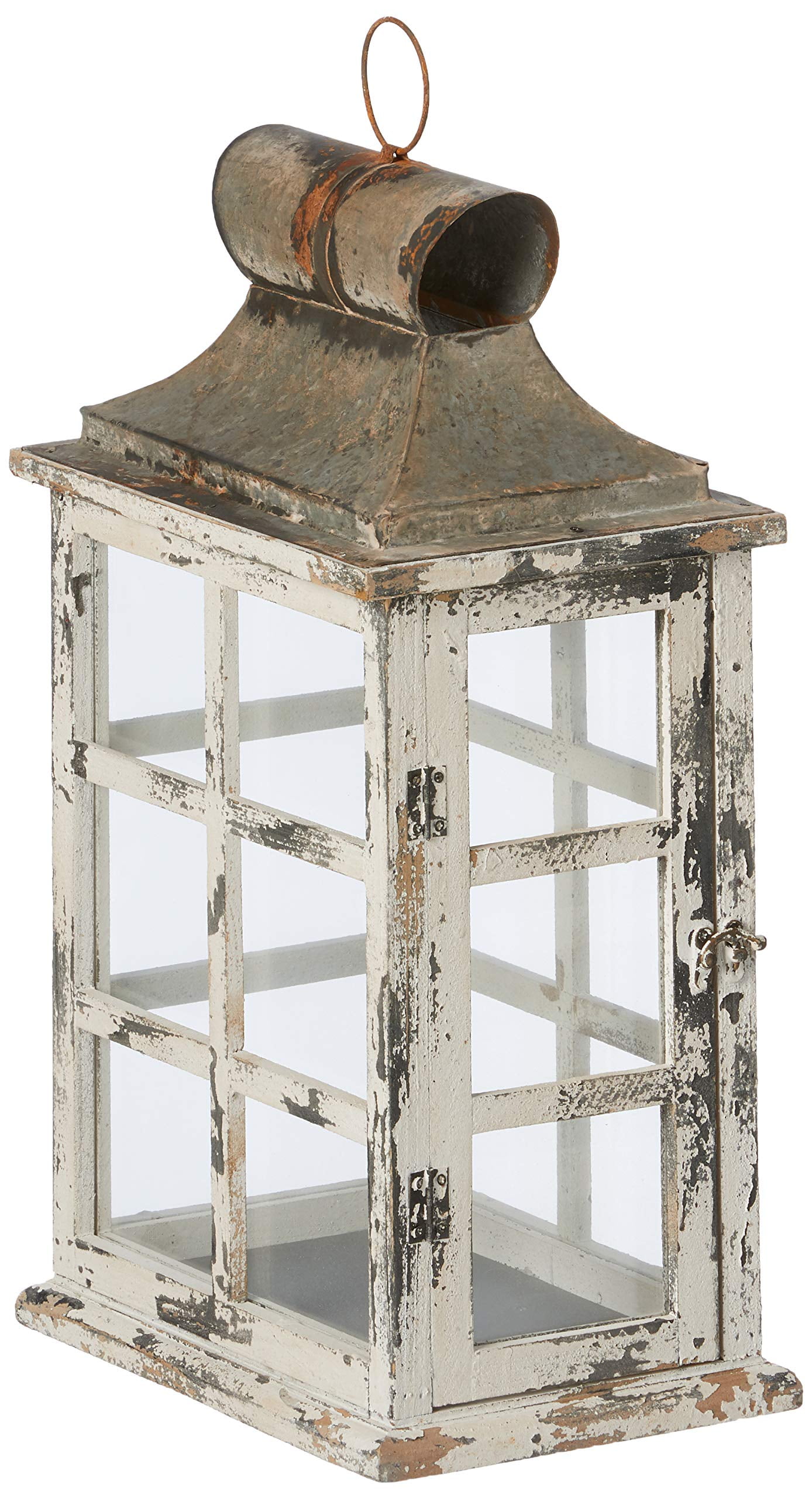 Distressed White Large Window Pane Style Candle Lantern