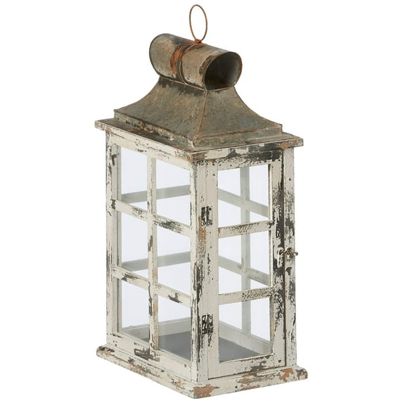Distressed White Large Window Pane Style Candle Lantern