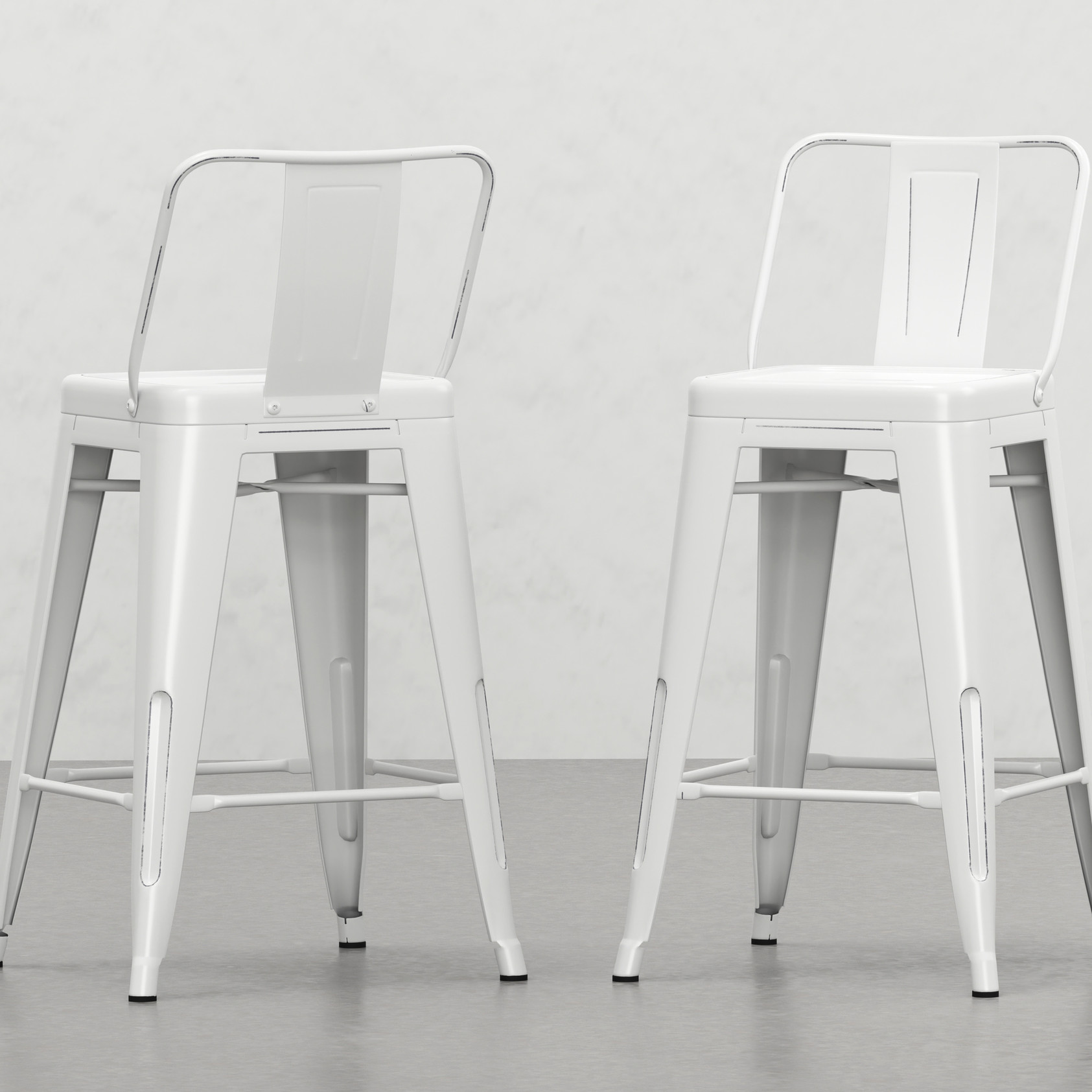 Distressed White Metal Stools with Curved Back Support - Good for ...