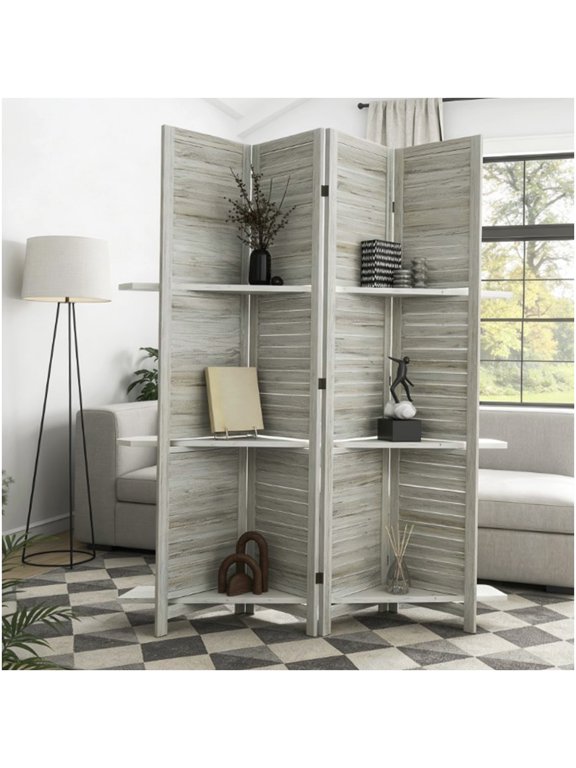 Distressed White Paulownia Wood Folding Privacy Screen with Storage Shelves for Living Room