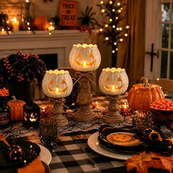Distressed White Pumpkin Candle Holder 1Pcs – Vintage Wooden Pedestal PumpkinTea Light Holder for Fall Halloween Thanksgiving Tabletop Centerpiece Decor