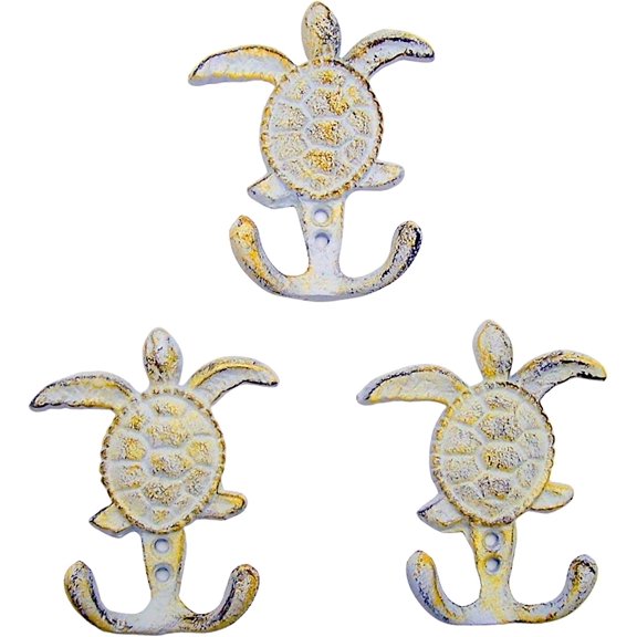 Distressed White Sea Turtle Cast Iron Wall Hook, Yellow Accents, Wall Dcor, Set of 3, 4 3/4 Inch