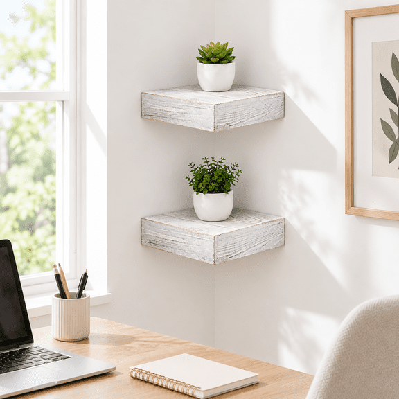 Distressed White Solid Pine Floating Shelves, 10 Inch Deep, Set of 2 for Wall Mounting