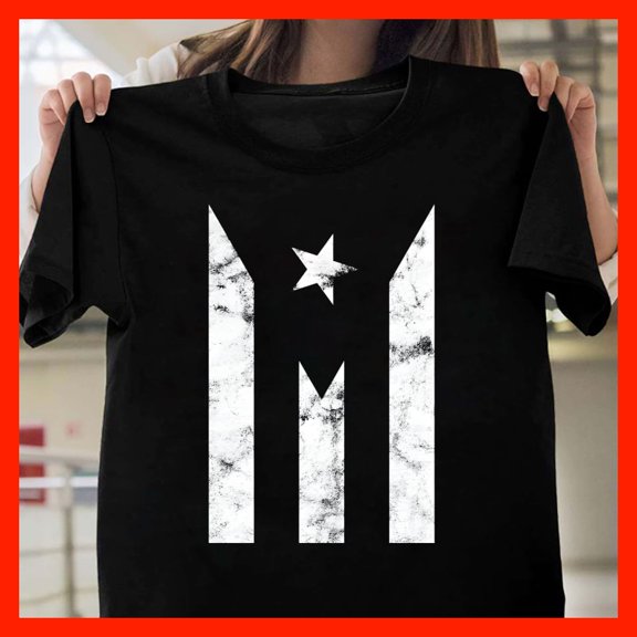 Distressed White Star & M Emblem Graphic T-Shirt - Puerto Rico Flag Inspired M1031, for men and women, Extended Sizes Up to 5XL