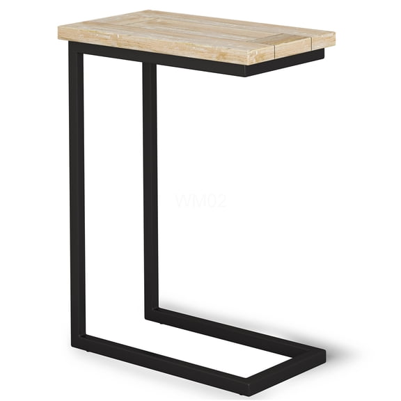 Distressed White Wash C-Shaped End Table, Industrial Beige Wood Side Table with Metal Base