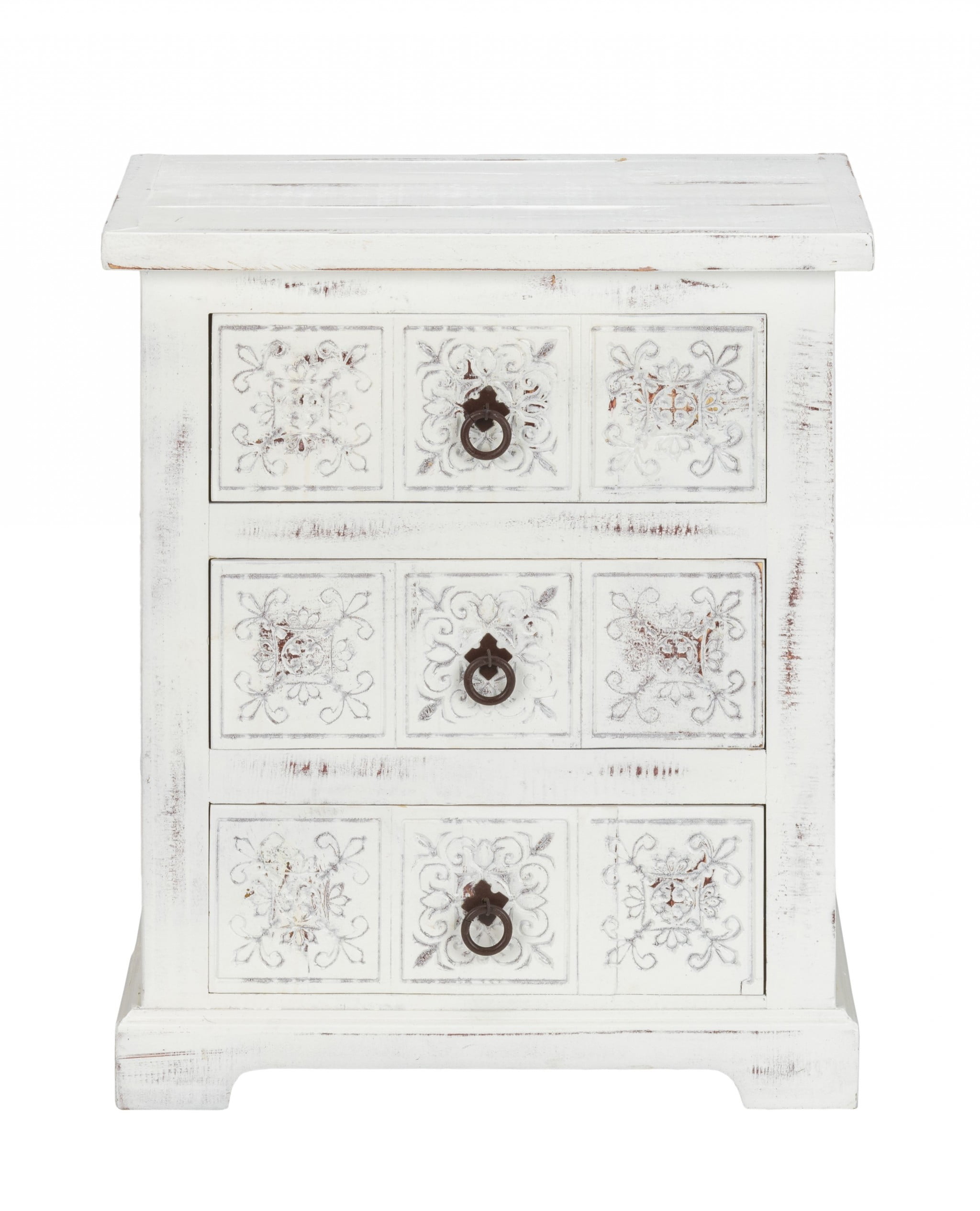 Distressed White Solid Wood 3-Drawer Carved Cabinet