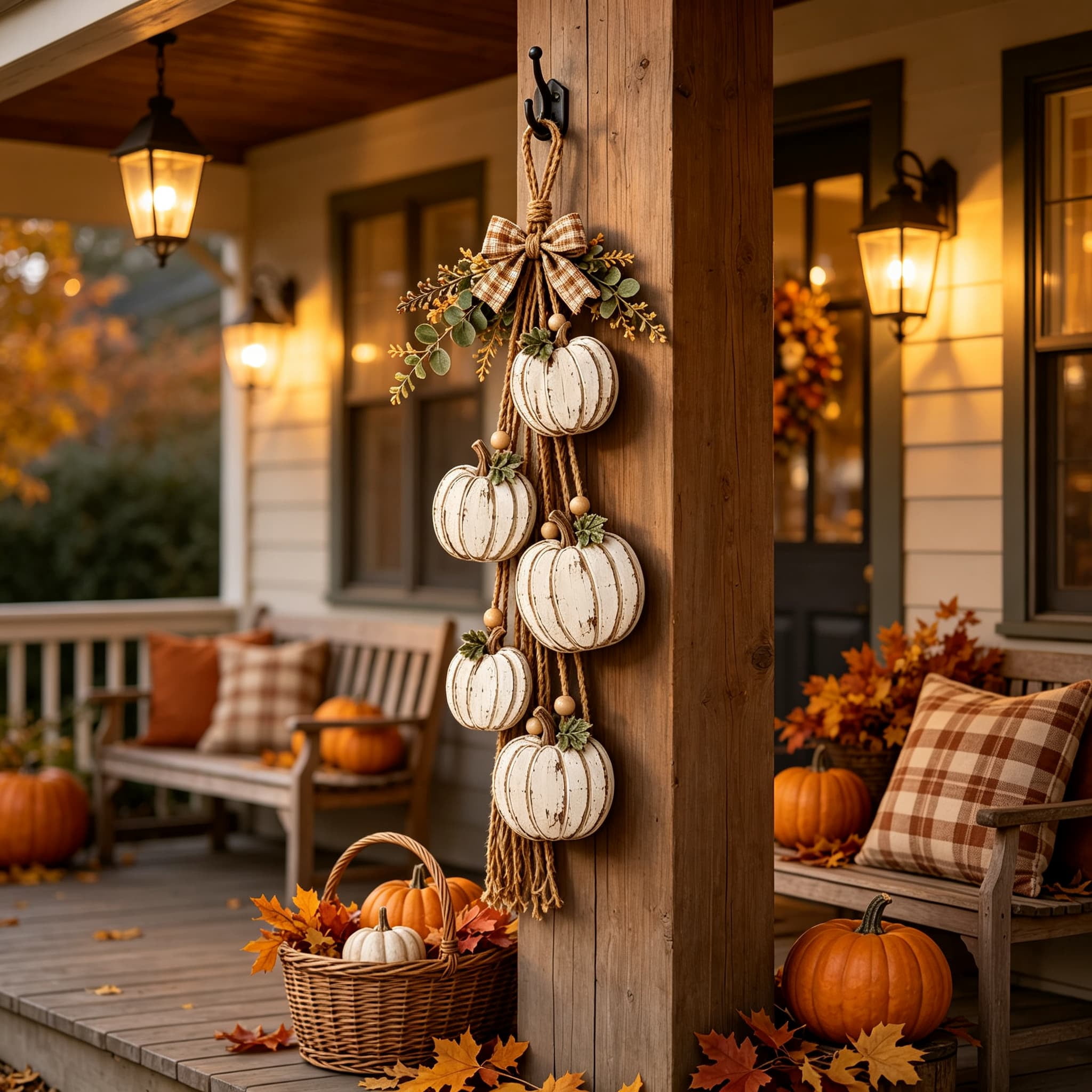 Distressed White Wooden Pumpkin Hanging Swag, Rustic Farmhouse Fall