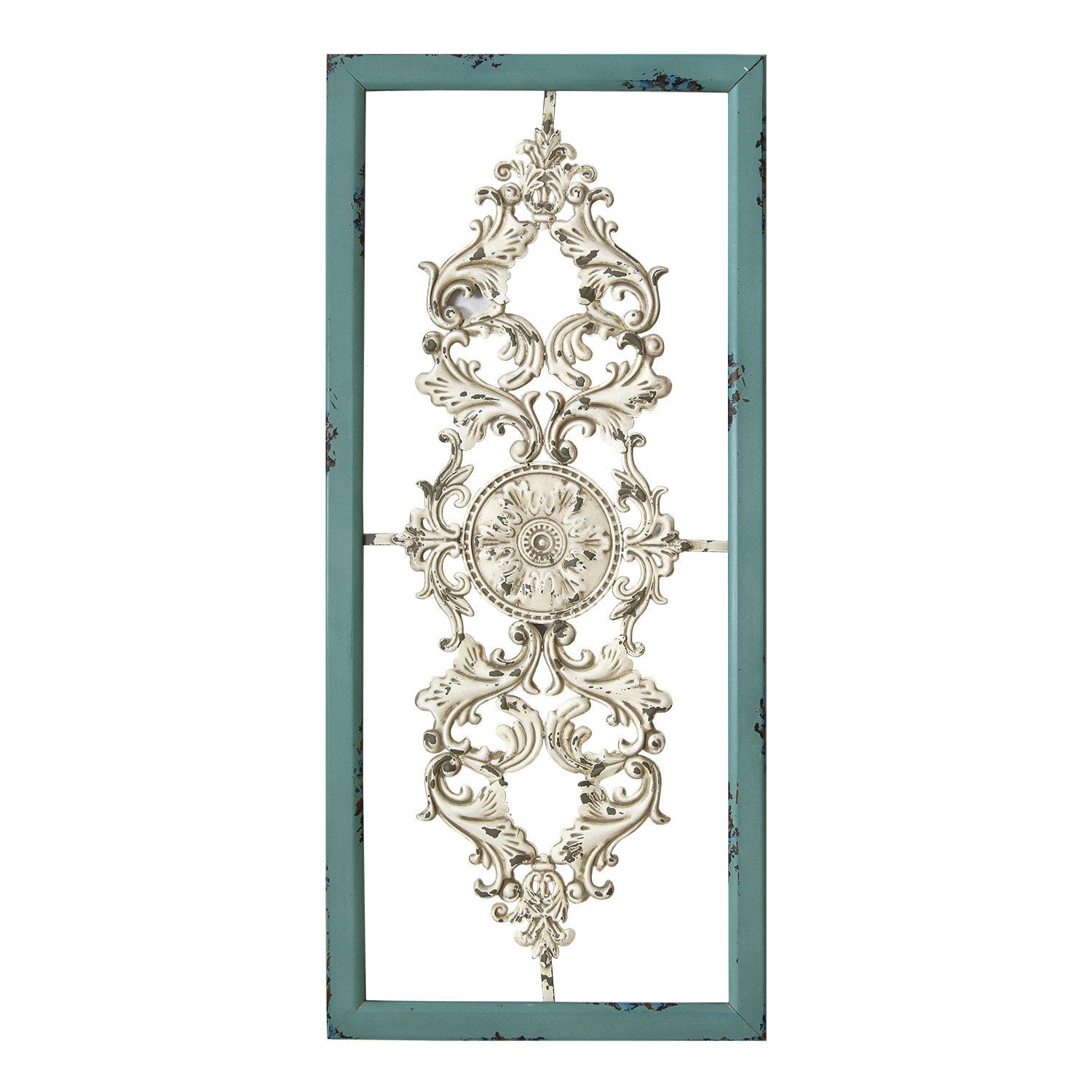 Distressed White and Turquoise Metal Scroll Panel Wall Art