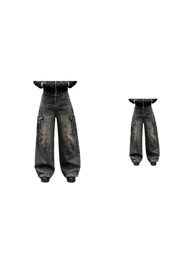 Distressed Wide Leg Cargo Jeans for Women Baggy Barrel Fit, Loose Oversized Denim Trousers with Pocket Design, Streetwear Casual Fashion