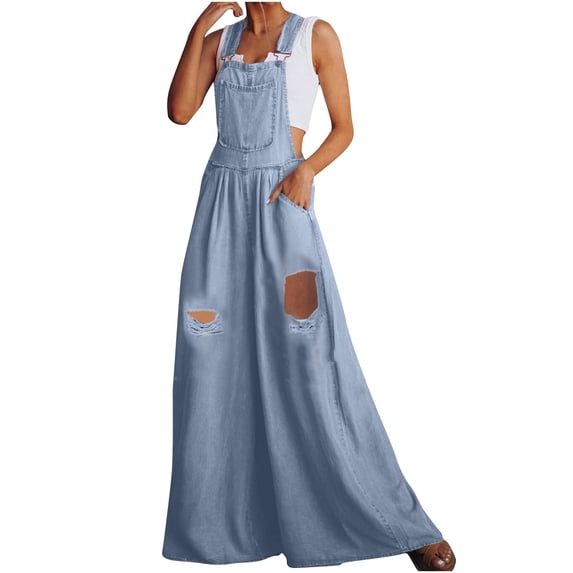 Distressed Wide Leg Denim Overalls for Women Solid Adjustable Strappy One Piece Jeans with Front Pockets Casual Baggy Mopping Jumpsuit