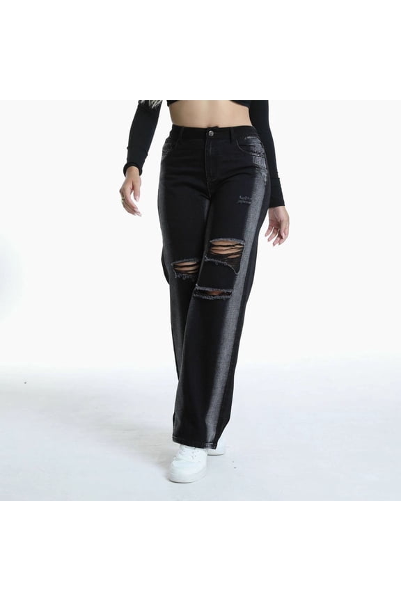 Distressed Wide Leg Jeans For Women High Waisted Loose Ripped Boyfriend Jeans Stretch Denim Pants