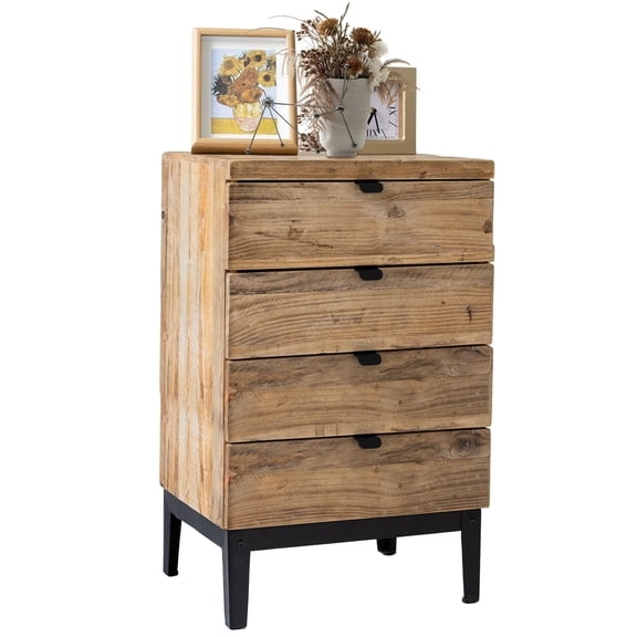 Distressed Wood Farmhouse Nightstand with 4 Drawers, Bedside End Table Storage for Bedroom Living Room, Handmade Rustic Design, Natural